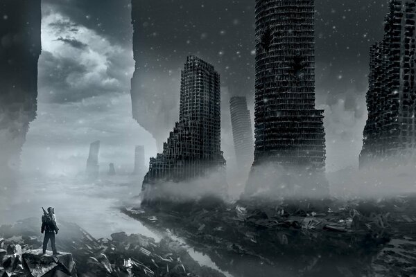 Человек с оружием в разрушенном городе